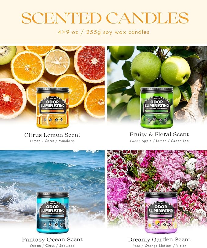AOOVOO 4 Pack Odor Eliminating Highly Fragranced Candle - Eliminates 95% of Pet, Smoke, Food, and Other Smells Quickly, Air Freshing Soy Candle, Citrus Lemon/Ocean/Apple/Dreamy Garden - Bloomnest