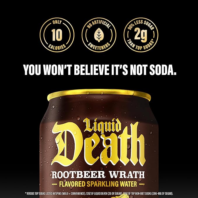 Liquid Death Soda-Flavored Sparkling Water - Rootbeer Wrath, Less Sugar*, Huge Flavor, No Caffeine, No Artificial Sweeteners, 12 Fl Oz (Pack of 12) - Bloomnest