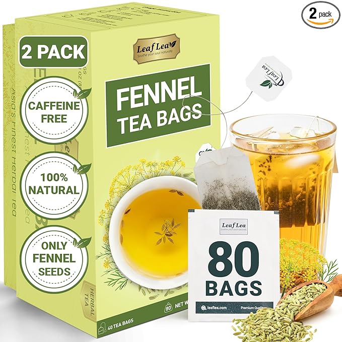 LeafLea 80 Premium Fennel Tea Bags, Pure Dried Fennel Seed Tea, Daily Ease & Balance, Naturally Sweet Taste, Caffeine-Free, Sugar-Free, Non-GMO, Vegan, Individually Wrapped - Bloomnest