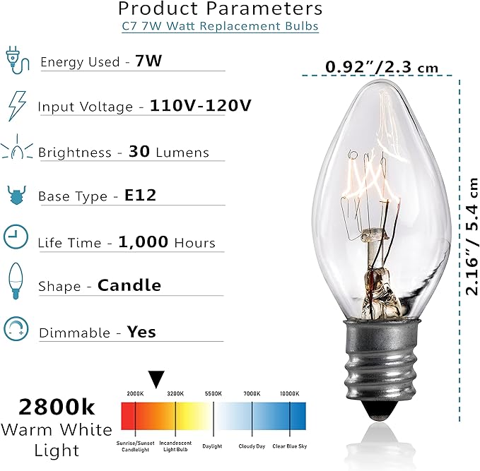 7 Watt Night Light Replacement Bulbs - 12 Pack Salt Lamps, Crystal Clear Glass,C7/7 Watt/120 V/45 Lumen,E12 Candelabra Base Incandescent Bulbs - Bloomnest