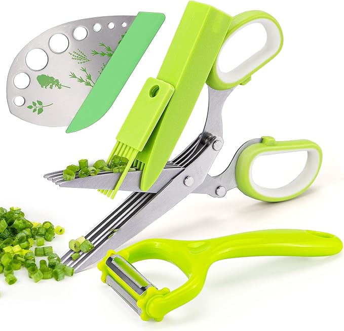 VlBlRlIT2025 Upgraded Herb Scissor,Leaf Stripper,Stainless Steel 5Blade Kitchen Scissors,Peelers for Kitchen,forChopping Chive,Vegetables,Salad,collard Greens,Parsley,Rosemary As Christmas gifts Green - Bloomnest