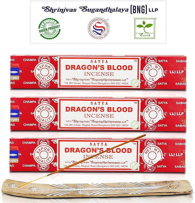Satya Nagchampa Dragon Blood Incense Sticks, Satya Bng (Bangalore) Insenses 15gmx3 Pack (45 GMS) with Raajsee Incense Holder Bundle, Satya Nagchampa Natural Incense - Bloomnest