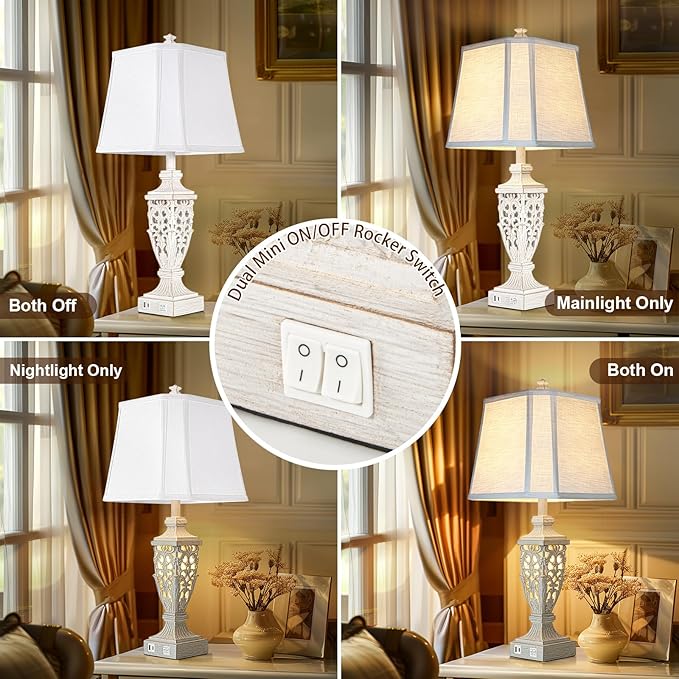 28.5" Lamps for Living Room - Table Lamps Set of 2 with Night Light,Bedside Lamp with White Linen Cut Corner Shade - for Bedroom Room and Nightstand with USB A+C Ports- for Office Hotel(Bulb Included) - Bloomnest