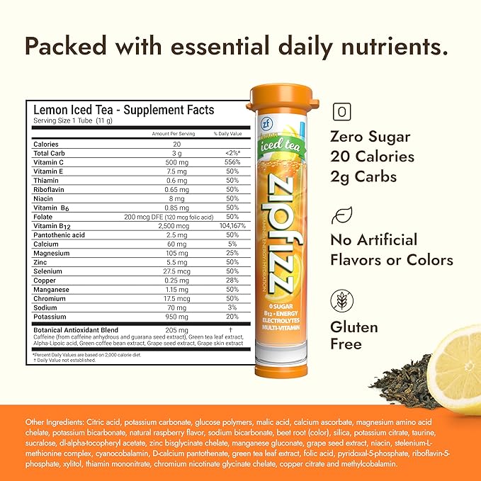 Zipfizz Daily Energy Drink Powder, Lemon Iced Tea, 20 Pack | 3-in-1 Sustained Energy, Rapid Hydration, and Essential Vitamins | Sugar-Free | Electrolyte Powder | Contains Vitamin B-12 & Antioxidants - Bloomnest