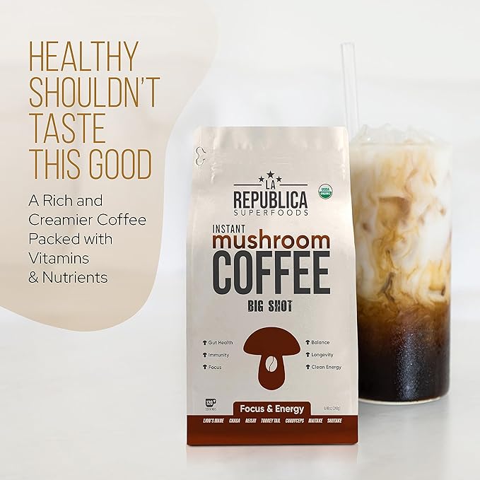 La Republica Big Shot Decaf Instant Mushroom Coffee Organic (120 Servings) with Lion's Mane, Reishi, Chaga, Cordyceps, Maitake, Turkey Tail - Bloomnest