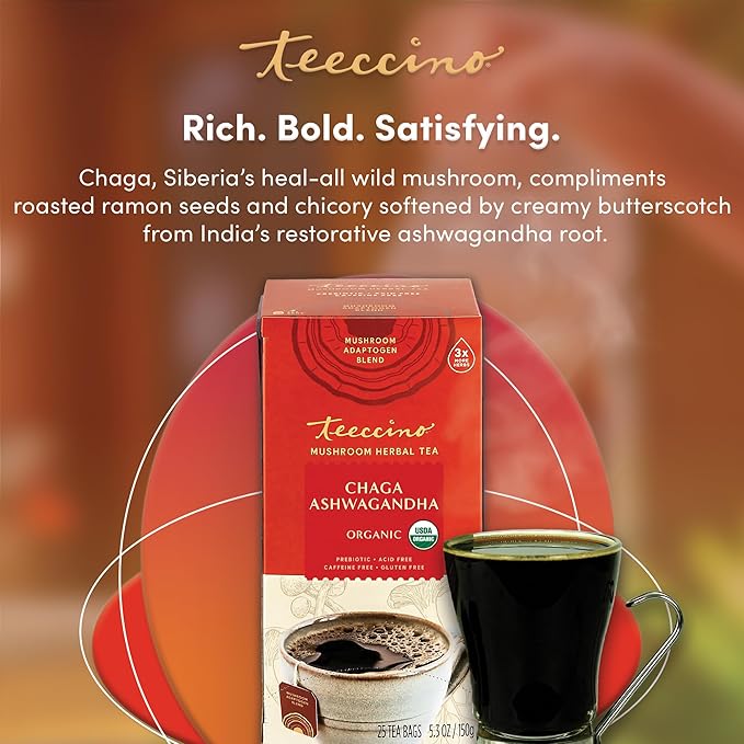 Teeccino Chaga Ashwagandha Tea - Butterscotch Cream - 25 Tea Bags - Organic Mushroom Adaptogenic Herbal Tea, 3x More Herbs than Regular Tea Bags, Prebiotic, Caffeine Free, Gluten Free - Bloomnest