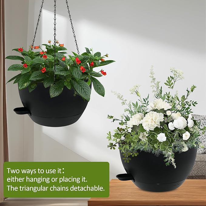 WOUSIWER Self Watering Hanging Planters, 2 Pack 12'' Plastic Pots with Drainage Holes & Reservoir Tray (Black) | Indoor & Outdoor Use for Ferns, Ivy, Herbs, Succulents - Bloomnest
