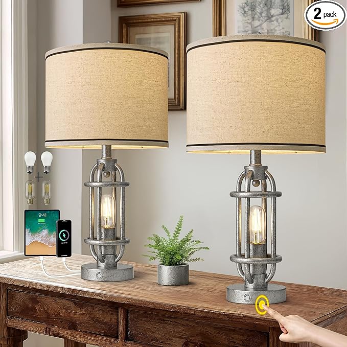 23.75'' Table Lamps Set of 2 for Living Room Bedroom Industrial Farmhouse Metal Touch Lamps with USB A+C Ports, Night Light Vintage Nightstand Bedside Lamp, Bulbs Included, Antique Silver - Bloomnest