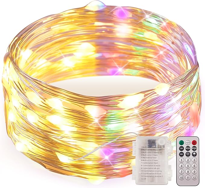 1 Pack Warm White & Multi-Color Battery Operated String Lights, 5M/16.4ft. 50 LEDs Remote Control Timer 12 Modes Optional Twinkle Battery Powered Fairy Lights Sliver Wire Firefly Lights - Bloomnest