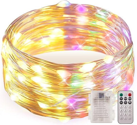 1 Pack Warm White & Multi-Color Battery Operated String Lights, 5M/16.4ft. 50 LEDs Remote Control Timer 12 Modes Optional Twinkle Battery Powered Fairy Lights Sliver Wire Firefly Lights - Bloomnest