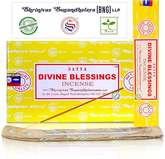 Satya Divine Blessings Incense Sticks, Satya Bng (Bangalore) Insenses 15gmx12 Pack with Raajsee Incense Holder Bundle, Satya Nagchampa Natural Incense RAAJSEE