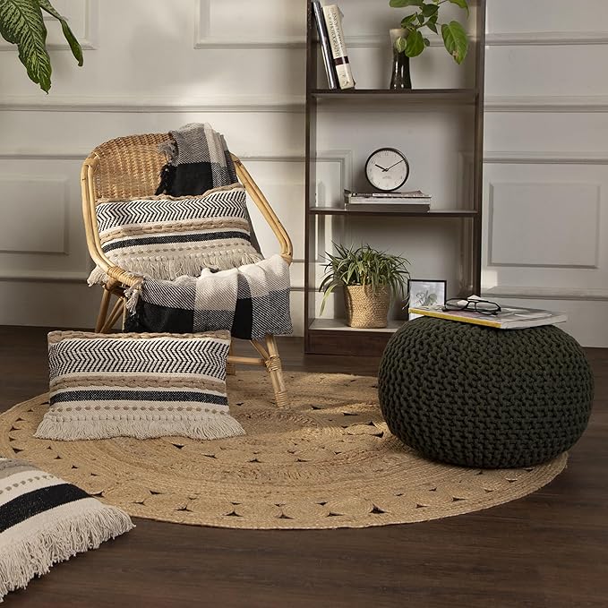 REDEARTH Round Hand Knitted Pouf - Foot Stool Bean Bag Ottoman - Cord Boho Pouffe - Poof Accent Beanbag Footrest for Living Room - Bedroom - Patio - Lounge (19.5"x19.5"x14") - Olive - Bloomnest