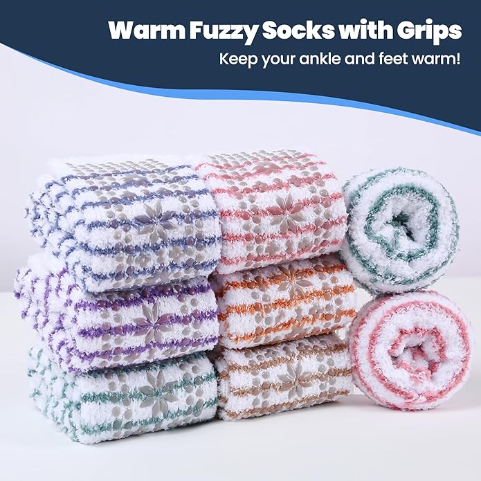 HUGSWEET 6 Pairs Thick Fuzzy Socks with Grip Cozy Non Slip Hospital Socks Home Fluffy Warm Slipper Socks Gifts for Women - Bloomnest