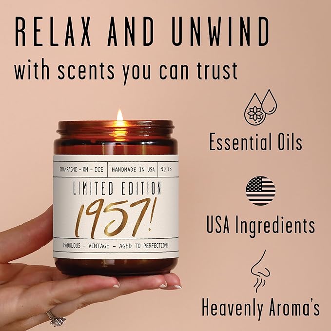 68th Birthday Gifts for Women - 'Limited Edition 1957' Soy Candle, w/Champagne on Ice I 68 Birthday Gifts for Women I 68th Gift for Her Ideas I 9oz Reusable Jar, 50Hr Burn, Made in USA - Bloomnest