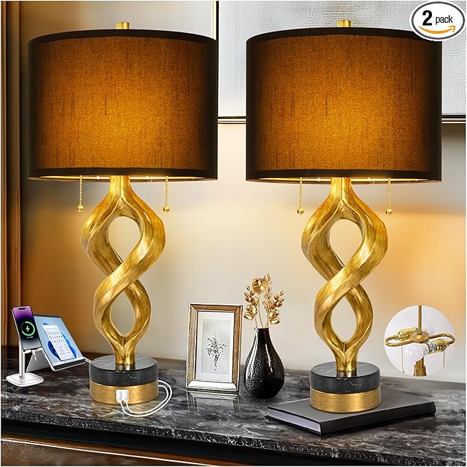 Sculptural Table Lamp Set of 2 for Bedroom, 26” Gold Leaf Farmhouse Bedside Lamps for Living Room, Pull Chains Switch Rustic Nightstand Lamp Marble Base with USB for Home Room Decor (Bulbs Included) - Bloomnest