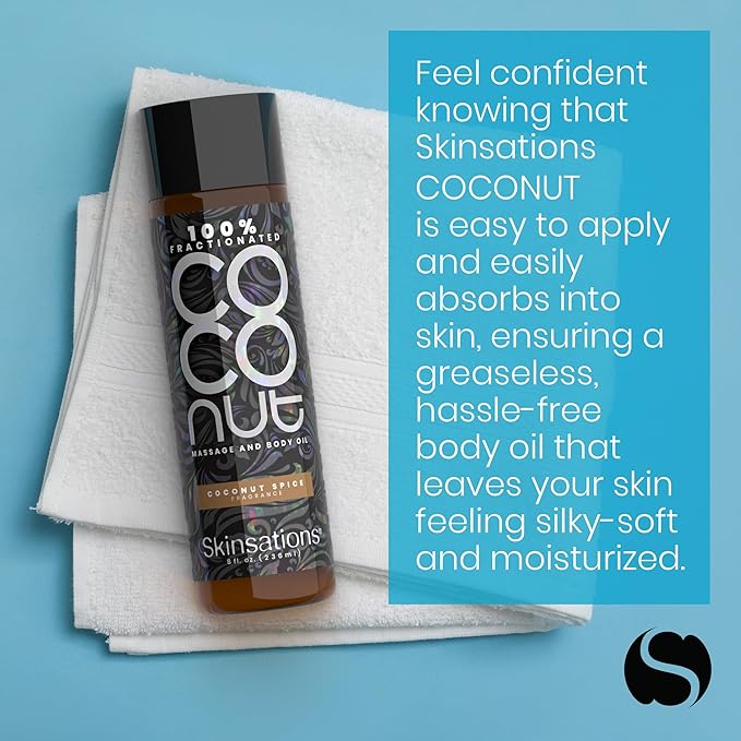 Skinsations - Scented Body Oil - Coconut Spice - 100% Fractionated COCONUT Oil - Fragrance Oil for Skin, After Shower Body Oil for Women and Men, Body Moisturizer, Bath Oil, Hydrating Massage Oil