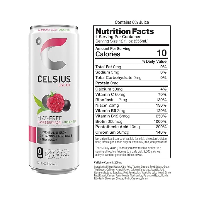CELSIUS Raspberry Acai Green Tea, Functional Essential Energy Drink 12 Fl Oz (Pack of 12) Packaging may vary - Bloomnest