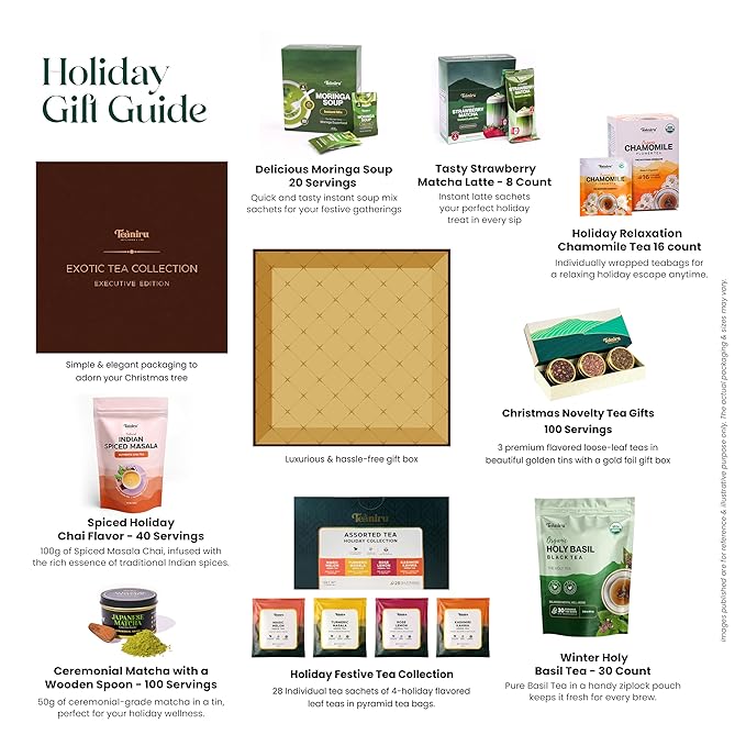 Teaniru, Exotic Collection-Christmas Gift Box | Holiday Flavored Teas, Moringa Soup, Strawberry Matcha Latte, Spiced Masala Chai, Assorted Loose Leaf Teas, Holy Basil Tea & Matcha, Thanks Giving - Bloomnest