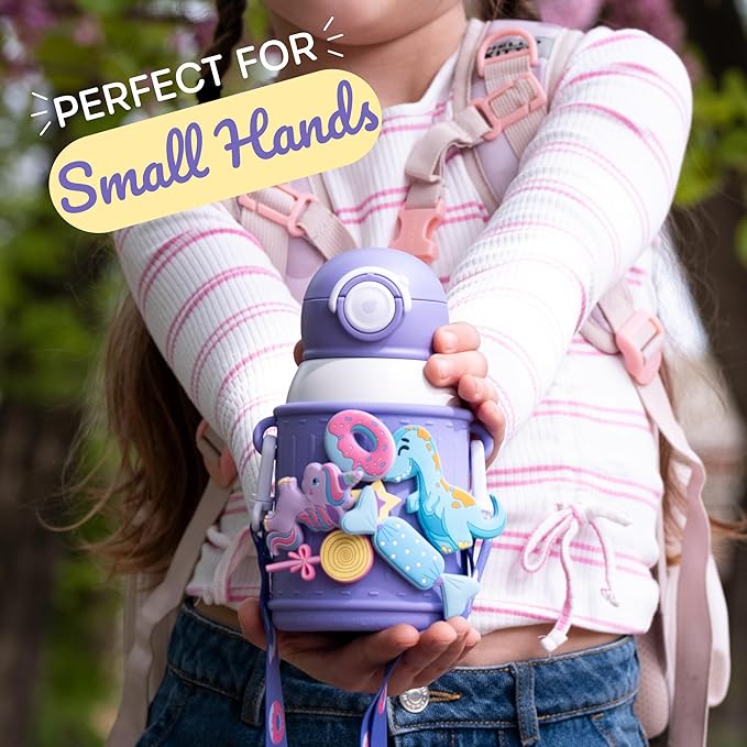 Kids Insulated Tumbler Set – 16oz Stainless Steel Water Bottle with Straw & Pour Lids, Screw-On Cup, Adjustable Strap, Silicone Sleeve & Charms – Leakproof BPA-Free Bottle for Boys & Girls - Bloomnest