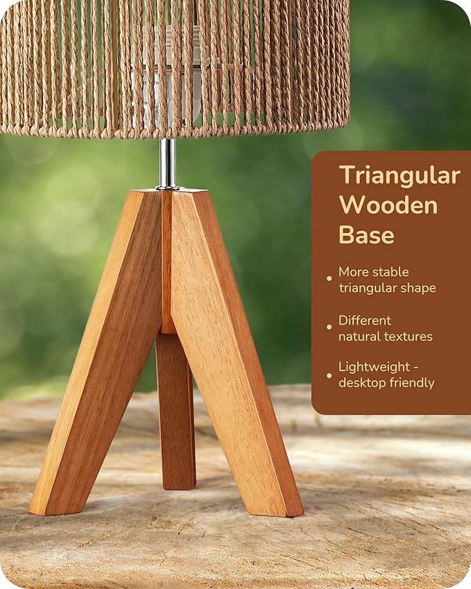 EDISHINE Small Rattan Table Lamp, Wood Tripod Bedside Lamp, Boho Nightstand Lamp for Living Room, End Table, Office, E26 Base, Natural Style - Bloomnest