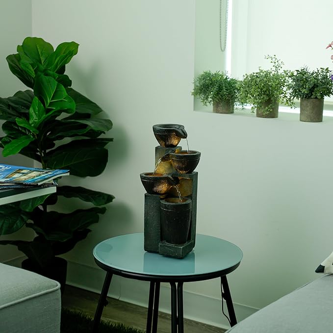 Alpine Corporation TZL416 14" Stoned Jar Water Fountain with Cascading LED Lights, Stylish Tabletop Water Feature for Home, Office, Living Room, Bedroom & Desk Decor, Gray - Bloomnest