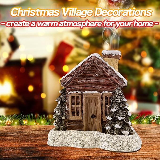 Christmas Log Cabin Incense Burner - Christmas Village Houses with 2 Incense Cones, Resin Incense Cone Holder for Home Room Table Fireplace Decorations, Brown - Bloomnest