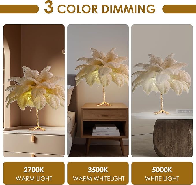 MAYOLA Modern Ostrich Feather Table Lamp with Plug in Wire,3-Light Bedside Floor Lamp for Living Room, Bedroom and Office 24” Tall Feather Desk Lamp (Ostrich Color, Table Lamp-Resin) - Bloomnest