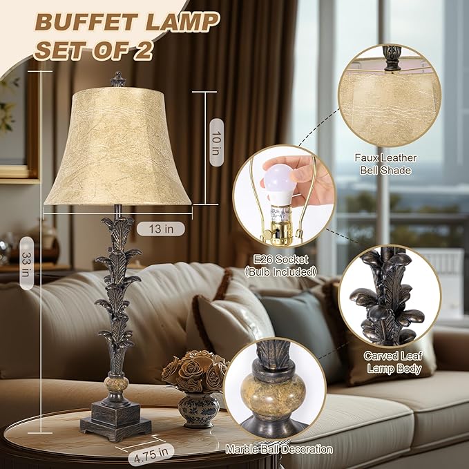 Table Lamps Set of 2 for Living Room, 33'' Tall Bedside Table Lamps with 3 Way Dimmable Bulbs, Farmhouse Buffet Lamps with Laux Leather Shades, Vintage Brown Desk Lamps for Nightstand Bedroom Office - Bloomnest