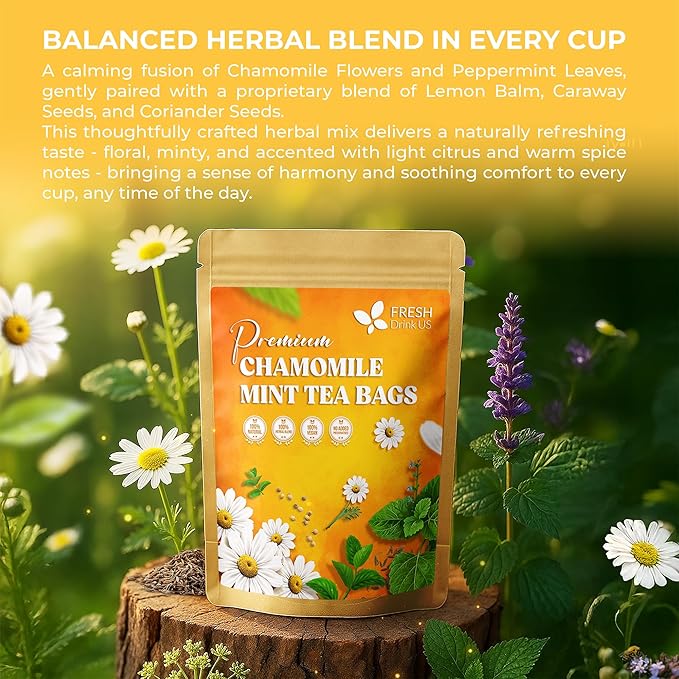 FreshDrinkUS, Chamomile Mint Tea Bags | 135 Count | Refreshing Herbal Blend of Chamomile Flower, Peppermint, Lemon Balm & other herbs – Smooth Floral & Minty Flavor – Premium Quality, Caffeine-Free - Bloomnest