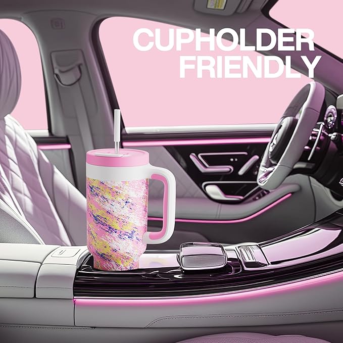 POWCAN 40 oz Tumbler with Handle, 2-in-1 Straw and Sip Lid, Leakproof, Dishwasher Safe, Insulated Stainless Steel Travel Coffee Mug, Keeps Cold for 34 Hours, Fits in Car Cup Holder (Pink Ladies) - Bloomnest