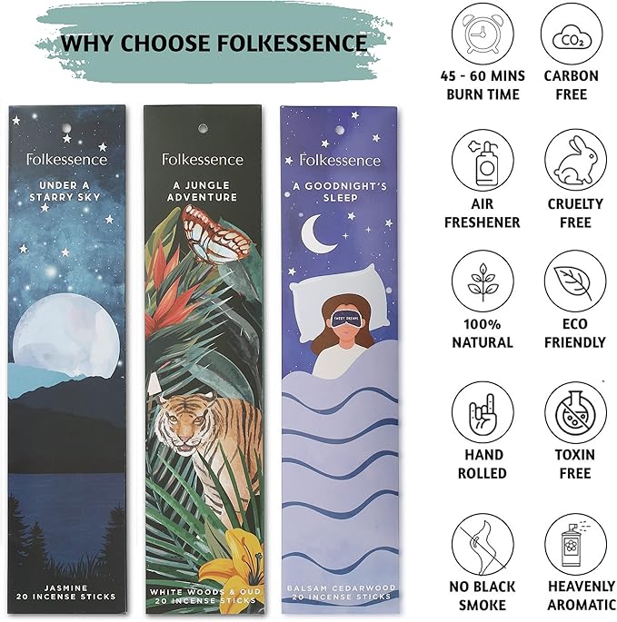 Folkulture Incense Sticks (120 Sticks) | Set of 6 Premium Incense for Relaxation, Aromatherapy, Gifts | No Charcoal,Organic, Non Toxic, 45 Mins, Long Burning Oud, Jasmine, Peppermint Insence-Sticks