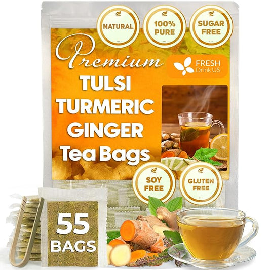 FreshDrinkUS, Premium 55 Tulsi Turmeric Ginger Tea Bags, 100% Natural & Pure from Tulsi Holy Basil Leaves, Turmeric and Ginger. Made with Natural Material Tea Bags. No Sugar, No Caffeine, Vegan. - Bloomnest