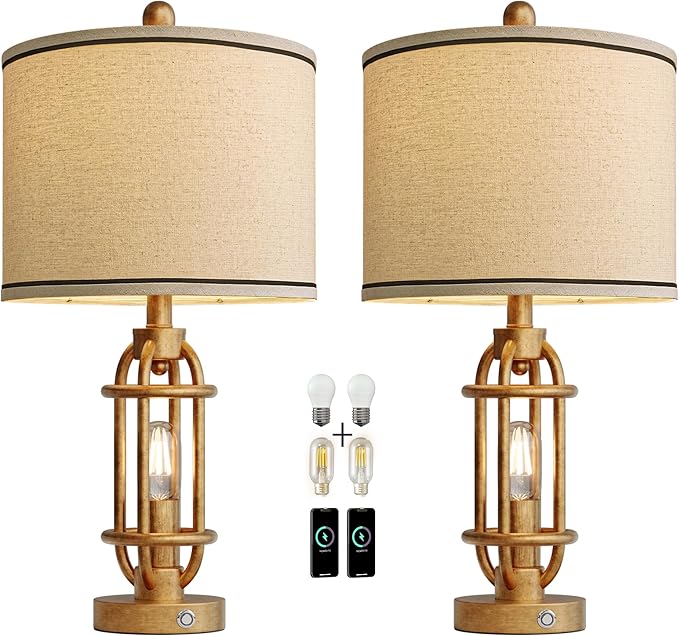 23.75'' Table Lamps Set of 2 for Living Room Bedroom Industrial Farmhouse Metal Touch Lamps with USB A+C Ports, Night Light Vintage Nightstand Bedside Lamp, Bulbs Included, Antique Gold - Bloomnest