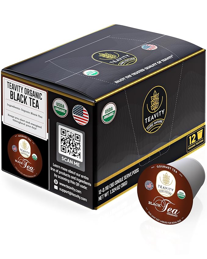 Teavity Organic Black Tea Pods - 12 Unsweetened Tea Pods for Keurig Kcup Brewers - Naturally Caffeinated, Hand-Picked from Sri Lanka, Sturdy Packaging, American Owned - Bloomnest