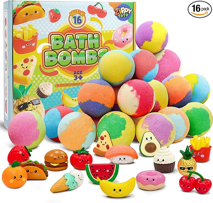 Kids Bath Bombs with Food Toys Inside, 16 Pack Colorful Surprise Bath Fizzies Set, Organic Fizzy Bubble Bath Bombs for Girls & Boys, Ages 3+ - Bloomnest
