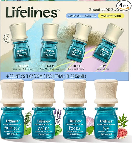 Lifelines Essential Oil Blends, 4-Pack - Blended Essential Oils with Precision Pump for Aromatherapy Diffusers - Long-Lasting Scented Fragrance - Crisp Mountain Air (Joy, Calm, Focus & Energy) - Bloomnest