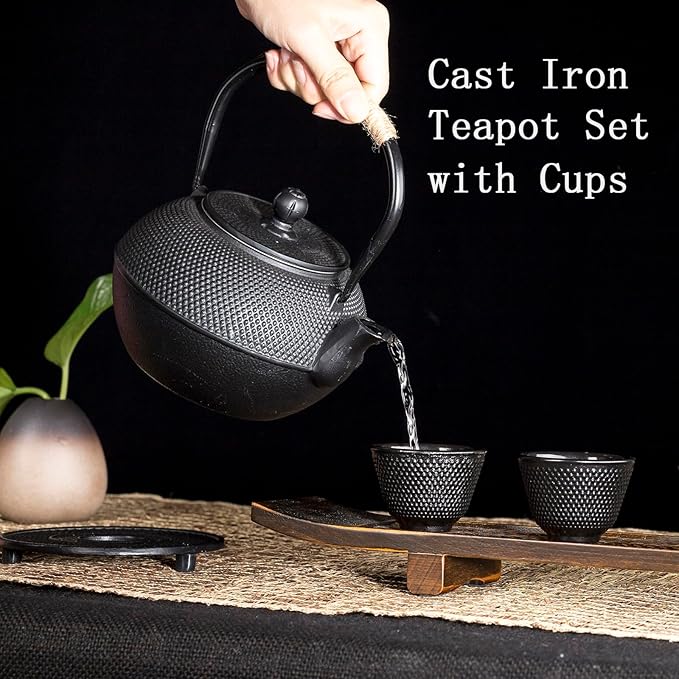 YJX Cast Iron Tea Pot Set, Japanese Tetsubin, 40.6oz Tea Kettle for Stovetop, Black Teapot with Stainless Steel Infuser for Loose Leaf Tea, 1200ml Small Asian Tea Set with Teacups - Bloomnest