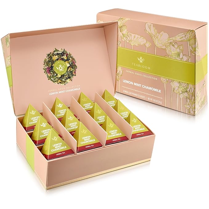 Teabloom Lemon Mint Chamomile Pyramid Tea Presentation Box, 12 Herbal Tea Blends, Whole-Leaf Pyramid Tea Sachets - Bloomnest