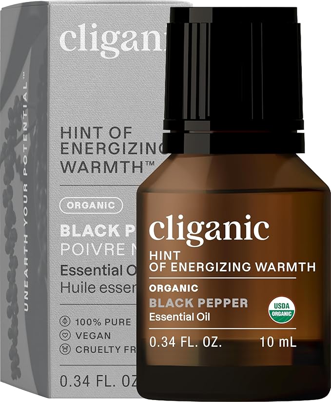 Cliganic Organic Black Pepper Essential Oil, 100% Pure Natural for Aromatherapy | Non-GMO Verified (Packaging May Vary) Cliganic