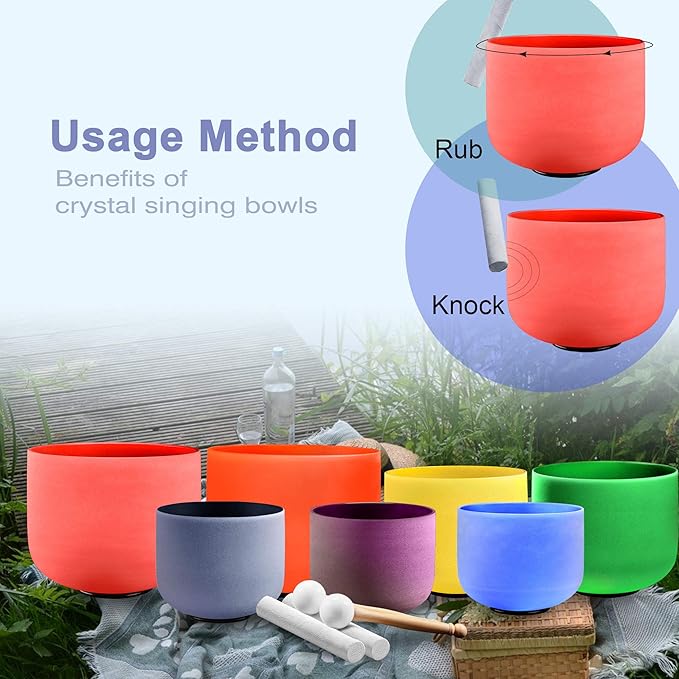 Ryan Dvan 7-11 Inch Set of 3 Frosted Quartz Crystal Singing Bowl Chakra Set with Free Carrying Case and Suede Strikers - Bloomnest