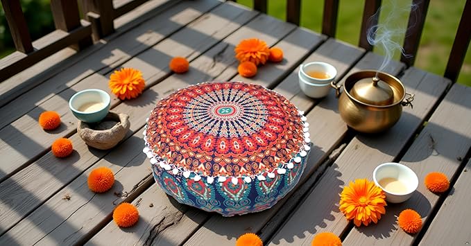 INDIAN CRAFT CASTLE ICC Mandala Barmeri Large Floor Pillow Cover Cushion Meditation Seating Ottoman Throw Cover Hippie Decorative Zipped Bohemian Pouf Ottoman Cases Multi Orange 16" Round - Bloomnest
