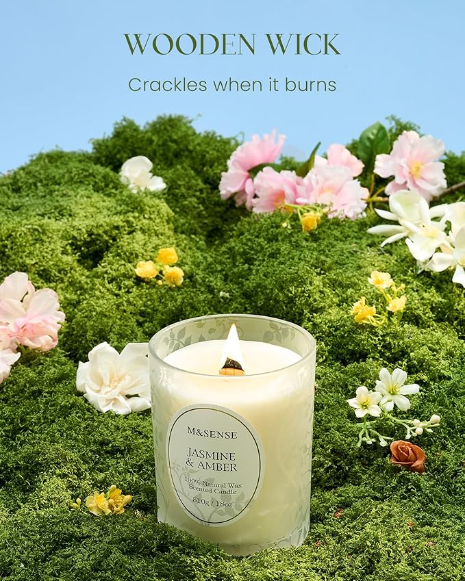 M&SENSE Jasmine Amber Candle, Cracking Wooden Wick Soy Wax, 18oz 100 Hours Long Lasting Clean Burn, Large Jar Candles for Home Scented, Non-Toxic Relaxing Aromatherapy Gifts for Women - Bloomnest