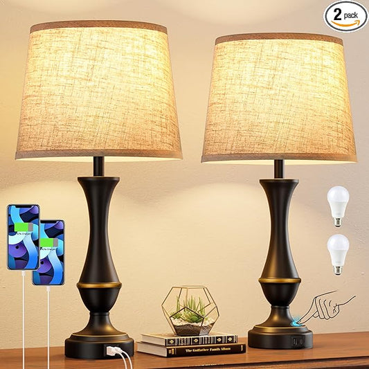 Seealle Upgraded Touch Lamps for Night Stands Set of 2 - Bedside Lamps with USB C+A, 3 Way Dimmable for Bedroom Living Room End Tables Office - Bloomnest
