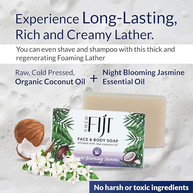 "Coco Fiji Soap Bar for Face and Body Infused With Organic Coconut Oil, Night Blooming Jasmine Essential Oil, Natural Soap for Moisturizing & Pore Purifying Skin, 7 oz, Pack Of 3 "