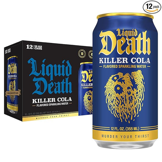 Liquid Death Soda-Flavored Sparkling Water - Killer Cola, Less Sugar*, Huge Flavor, No Caffeine, No Artificial Sweeteners, 12 Fl Oz (Pack of 12) - Bloomnest