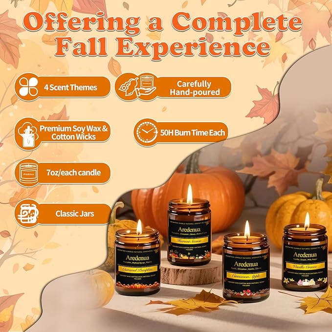 Fall Candles Set | 4 Pack Autumn Scented Candles - Fall Candle Gifts for Women Men, Soy Candles for Home Scented - Autumn Scent of - Pumpkin/Cinnamon Apple/Harvest/Vanilla Cream - Bloomnest