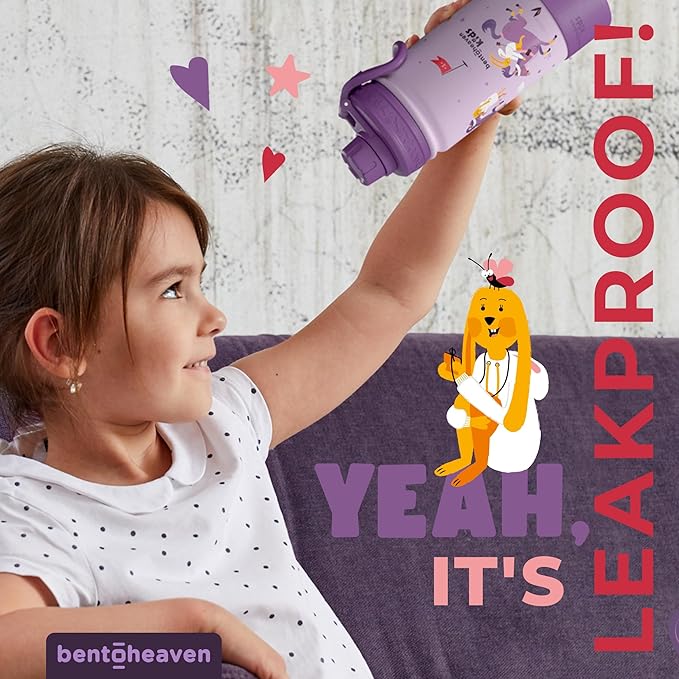 Bentoheaven Kids Water Bottle Stainless Steel for Boys & Girls, 2 Lids (Chug & Straw), Handle & Silicone Boot, Reusable Metal Leak-proof Insulated Tumbler, School & Sports 17oz (Purple) - Bloomnest