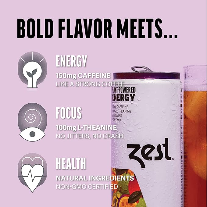 Zest Clean Energy Drink – Passionfruit Berry – 150mg Caffeine + 100mg L-Theanine – Natural Focus & Concentration Boost – Healthy Energy Drink 12oz Can 12 Pack – Low Sugar, No Artificial Sweeteners - Bloomnest