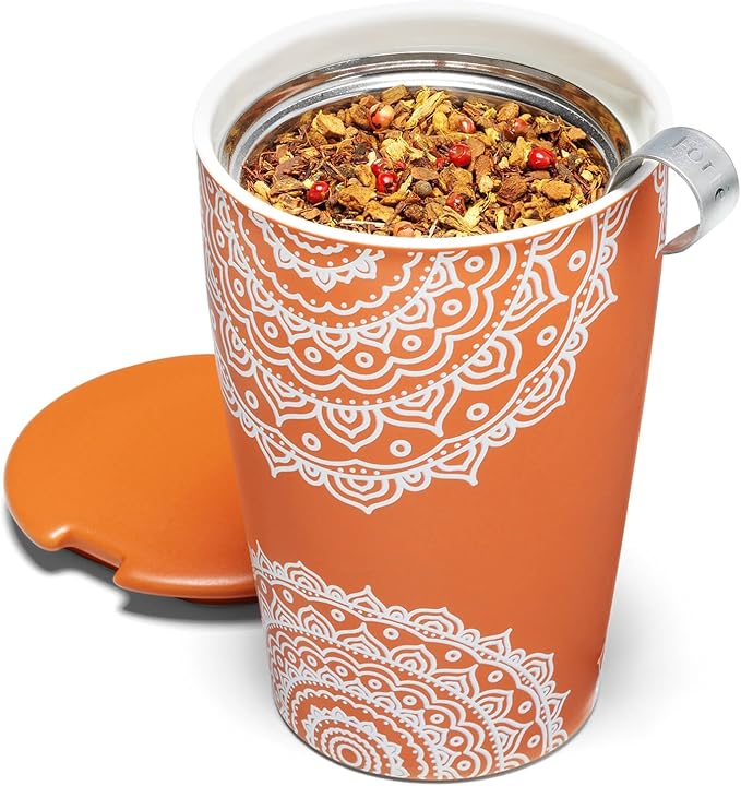 Tea Forte Double-Walled Ceramic Kati Cup, Removable Stainless Steel Infuser Basket and Lid, Steeps 12 oz Loose Leaf Tea, Dishwasher & Microwave Safe, Chakra - Bloomnest