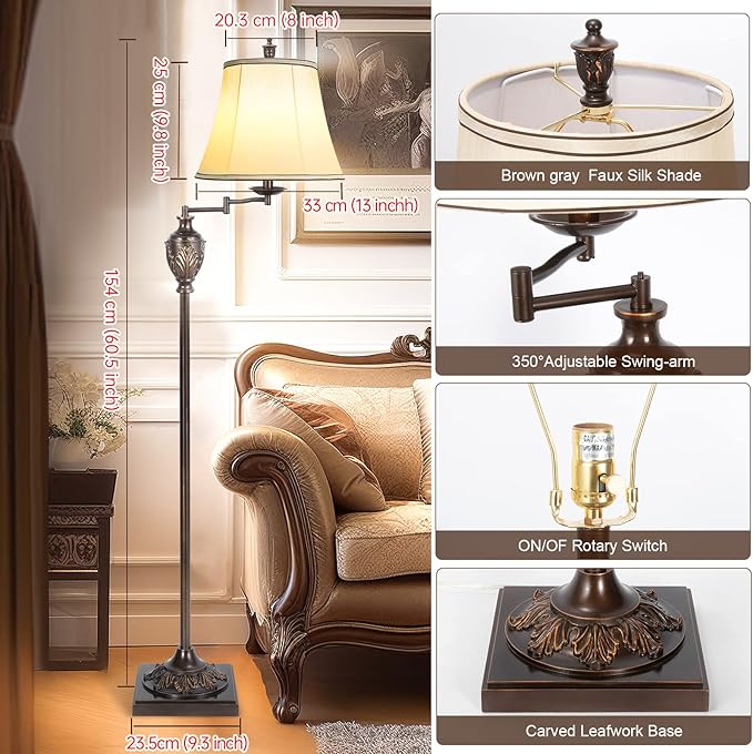 Traditional LED Floor Lamp with 350° Adjustable Swing Arm Lamp – Vintage Standing Pole lamp for Living Room, Bedroom and Office – Rustic Upright Floor Light for Home Décor with Faux Silk Fabric Shade - Bloomnest